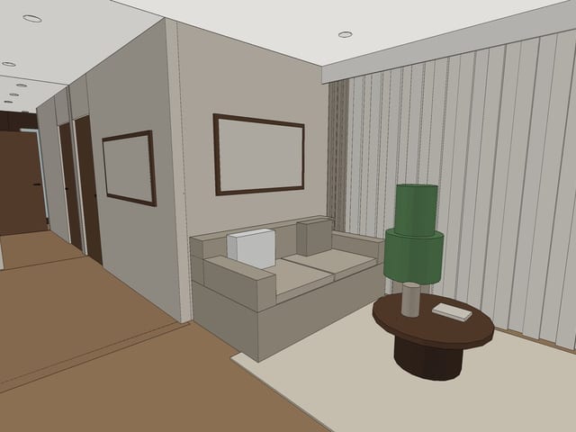 A clay view of the living room from the 3D model