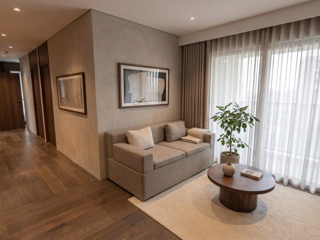 A photoreal render of the same living room